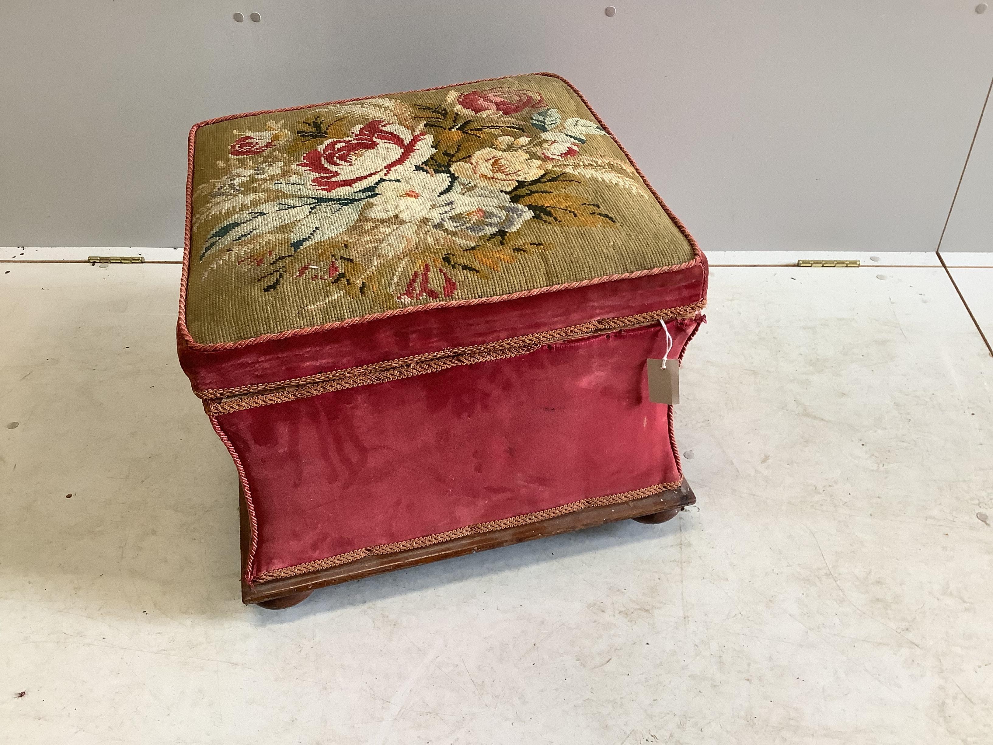 A Victorian tapestry ottoman stool, width 55cm, depth 54cm, height 44cm